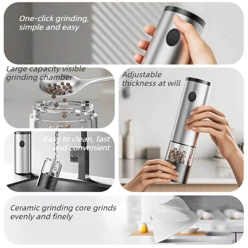 Electric Salt and Pepper Grinder Set USB Rechargeable Spice Mill Adjustable Coarseness for Kitchen Cooking BBQ Seasoning Use