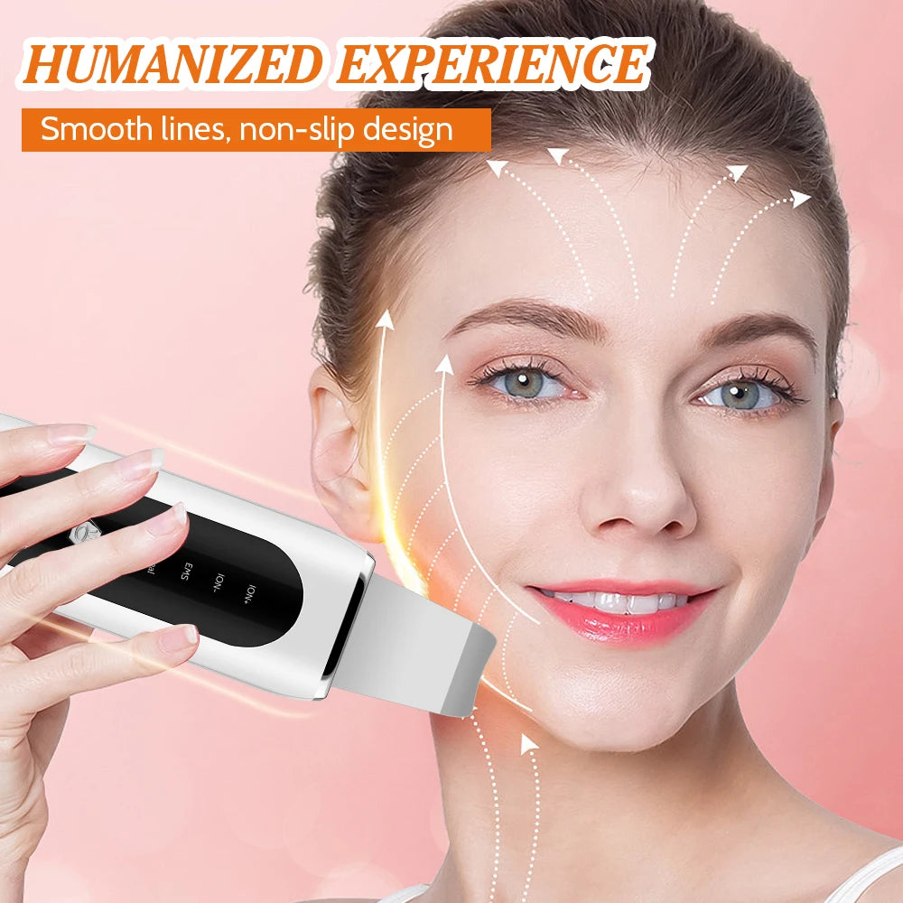 Ultrasonic Skin Scrubber EMS Face Lifting Machine Red Blue Light Blackhead Remover Pore Cleaner Deep Cleansing Facial Spatula