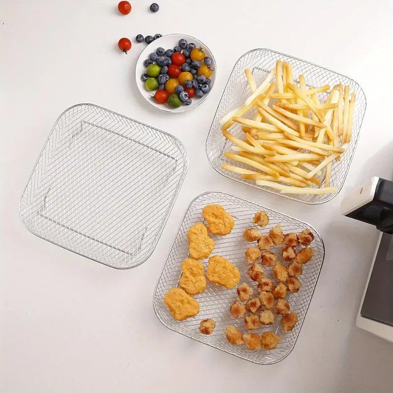 3-piece Stainless Steel Air Fryer Accessory Set - Square Fries and Grilling Rack for Kitchen Dining, Air Fryer Rack