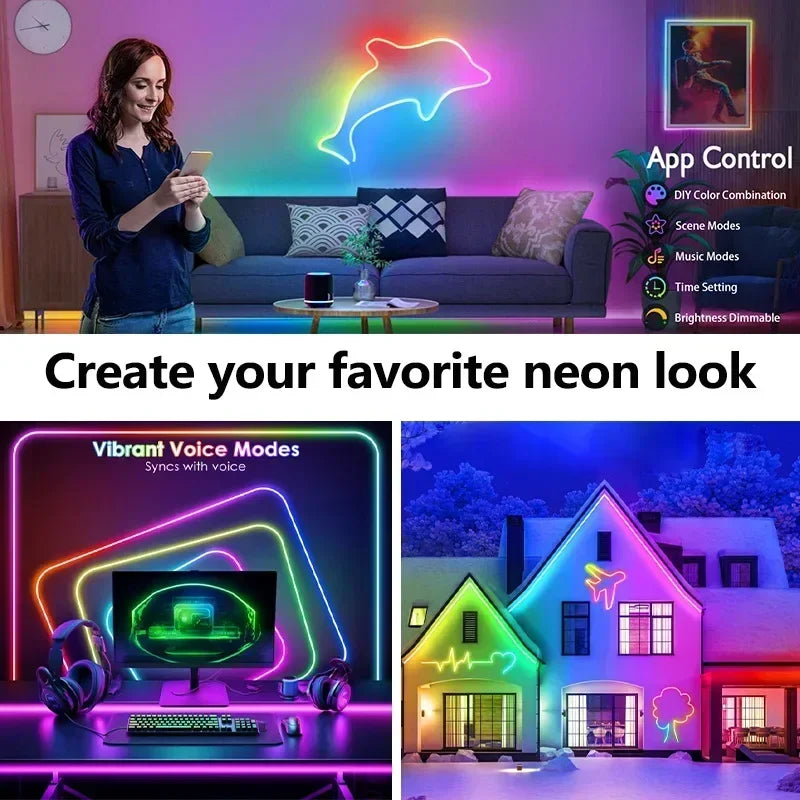 Dc24V RgbIc Led Neon Rope Light 5M 10M 15M 20M Smart Rgb Led Strip App Remote Control Flexible Neon String Lighting Waterproof