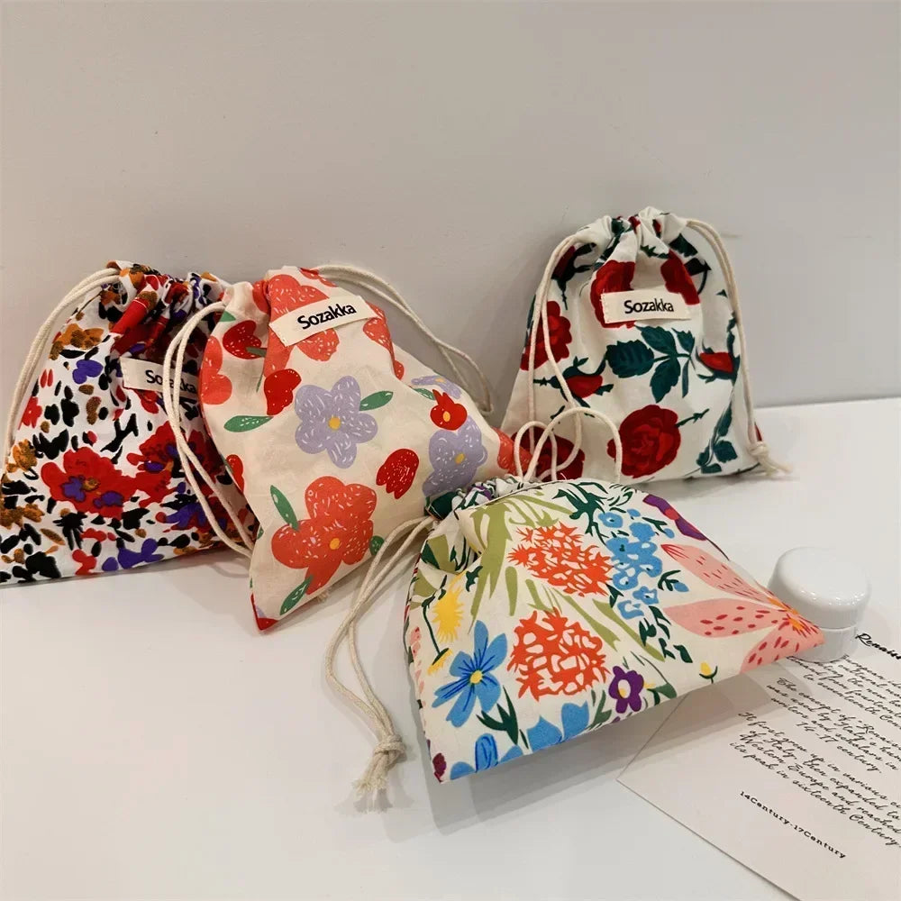 Cute Floral Drawstring Makeup Bag for Women Portable Cosmetic Organizer Pouch Candy Storage