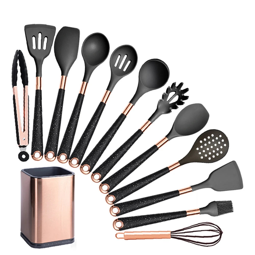 Silicone Cooking Utensils Set Kitchen Heat Resistant Rose Gold-Plated Handle Non-Stick Spatula, Spoon, Quality Gift, 5-13 Pcs