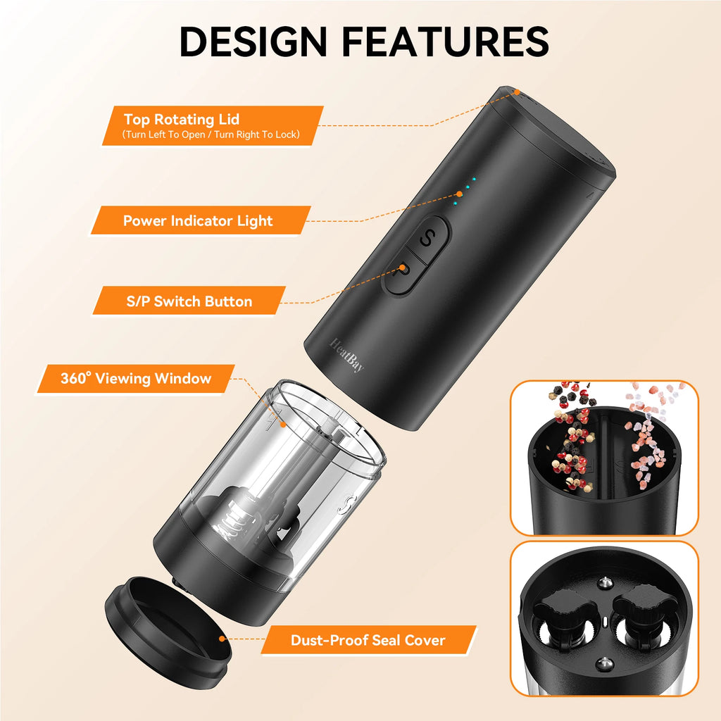 Electric Salt and Pepper Grinder Set 2 in 1 Rechargeable Type C Automatic Spice Mill Adjustable Coarseness LED Light One Touch