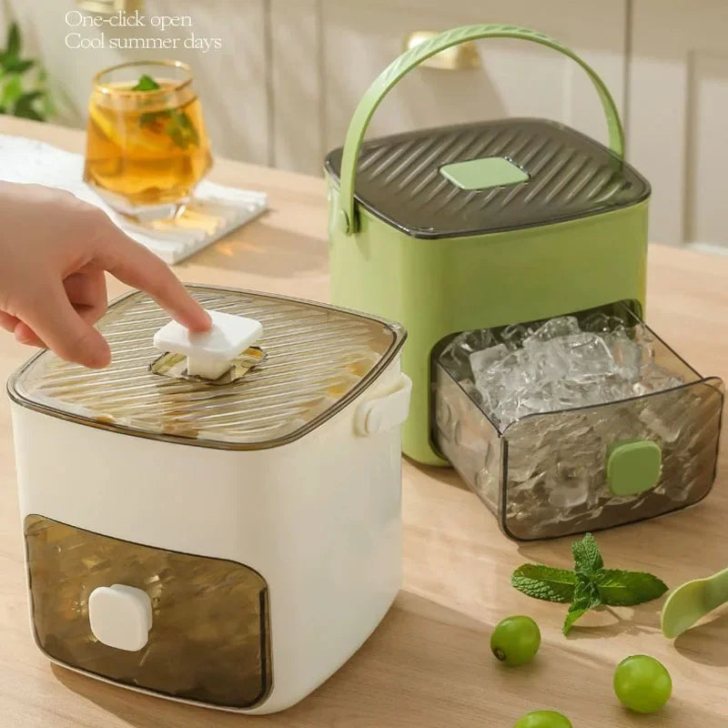 Ice Cube Tray Double Layer with Lid and Bin, Pull-Out Ice Drawer with Portable Handle, Kitchen Accessories Compact