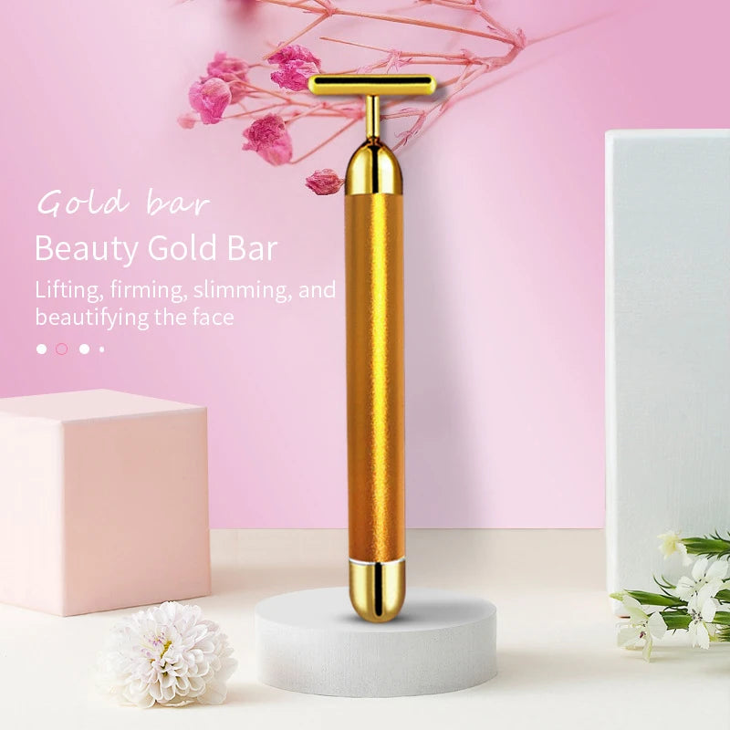 24K Gold Roller Vibrating Facial Massager Slimming Facial Skin Beauty Pulse Firming Face Massage Lift Tightening Wrinkle Bar