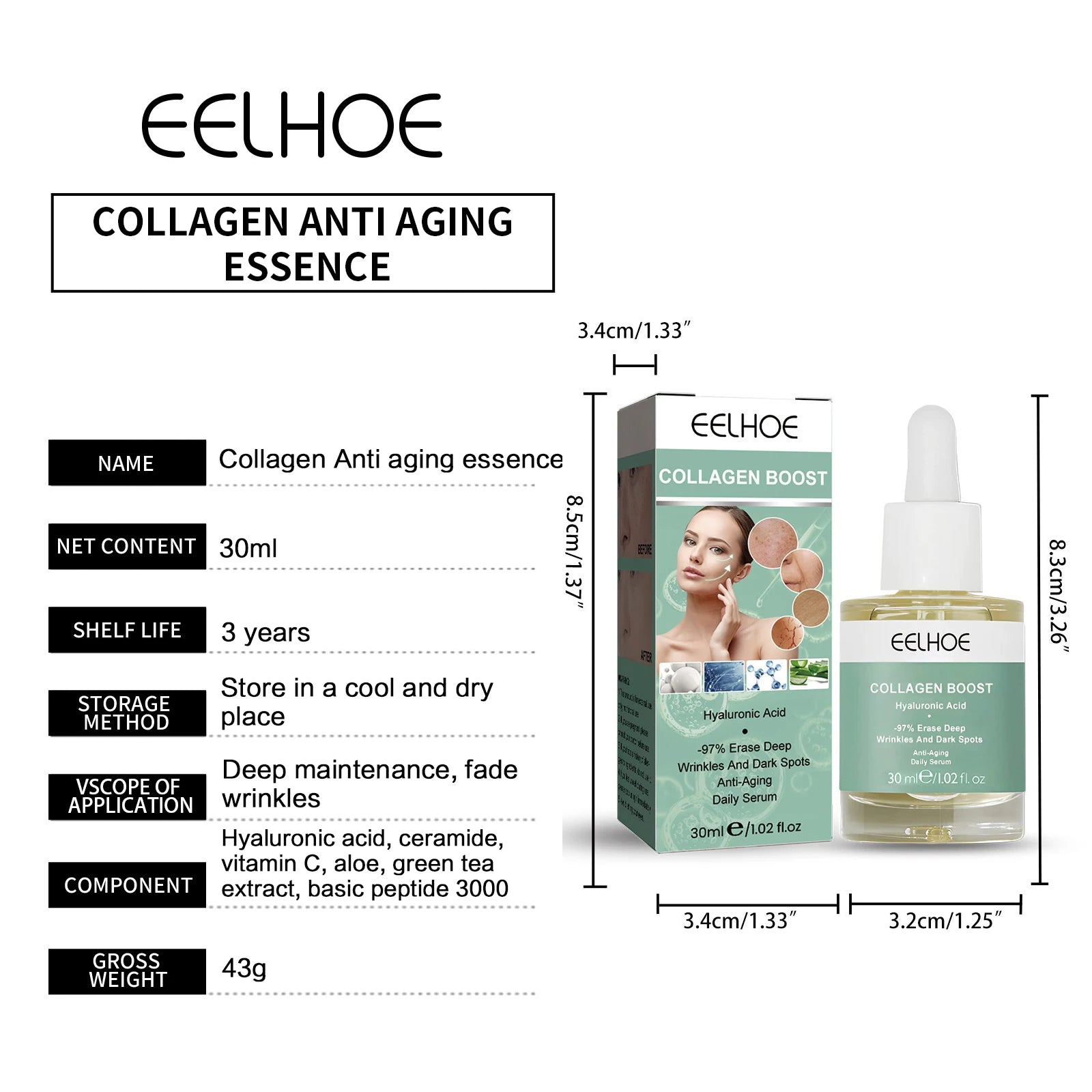 EELHOE Collagen Booster Serum Firming Lifting Wrinkle Remover Anti-aging Serum Fade Fine Lines Face Essence Nourishing Skin Care