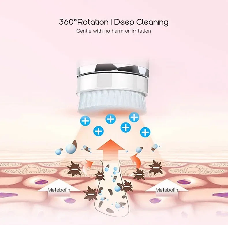 Electric Facial Cleansing Brush with 4 Face Cleaning Device 3 Modes Skincare Brush Heads Waterproof Wireless Facial Cleansing