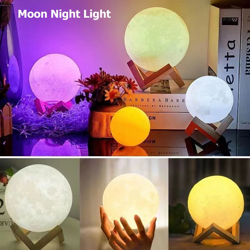 Led Moon Lamp Night Light With Stand 8cm Table Print Bracket Battery 3d Lights Warm white multicolor On Home Lamps Romantic