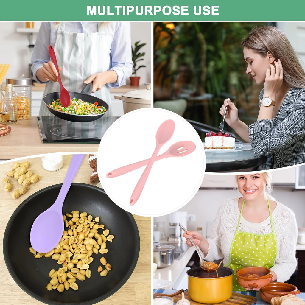Silicone Cooking Spoons, Mixing Nonstick Slotted and Solid Serving Spoons, Heat Resistant Utensils for Kitchen/Cooking/Baking
