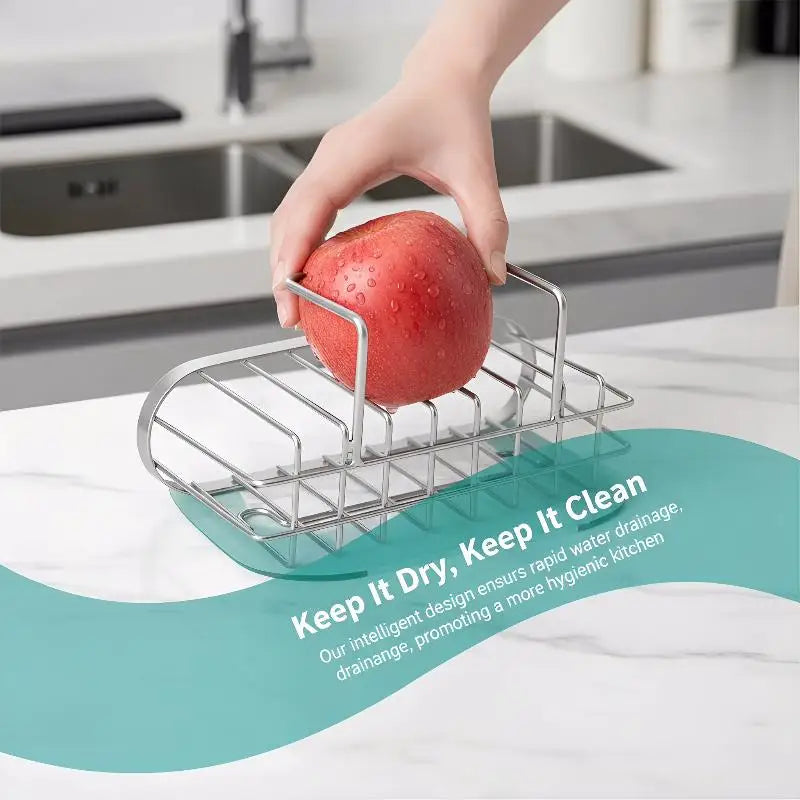 Sink Organizer - Stainless Steel Suction Sponge Stand - Fast-Draining, Easy-Clean Holder with Hook for Modern Kitchens