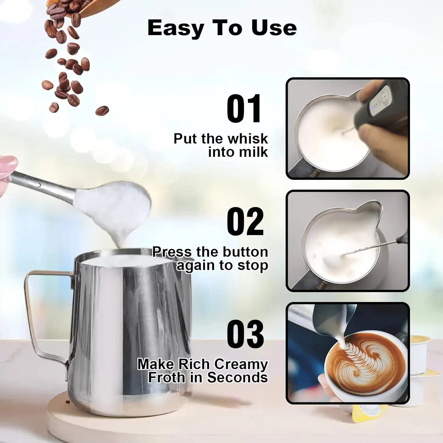 Electric milk frother, handheld egg beater, milk coffee mixer, 3-speed dual stick rechargeable cream frother, food mixer