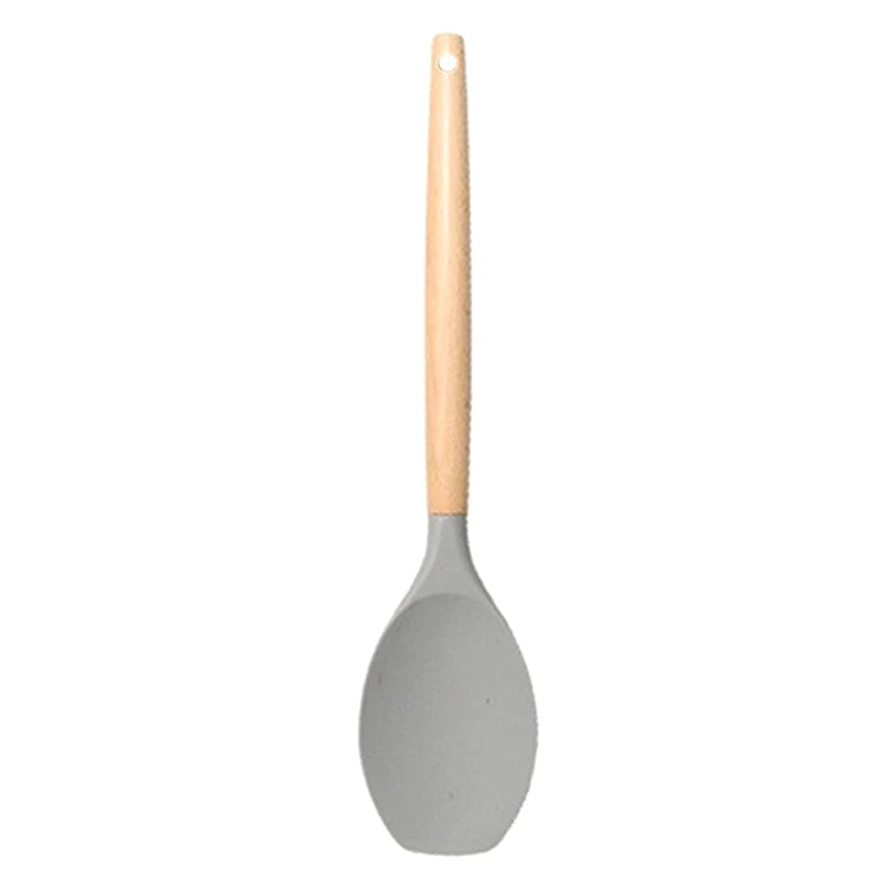 ♥Silicone Cooking Utensils with Wooden Handle – Heat-Resistant Spatula & Spoon for Non-Stick Pans