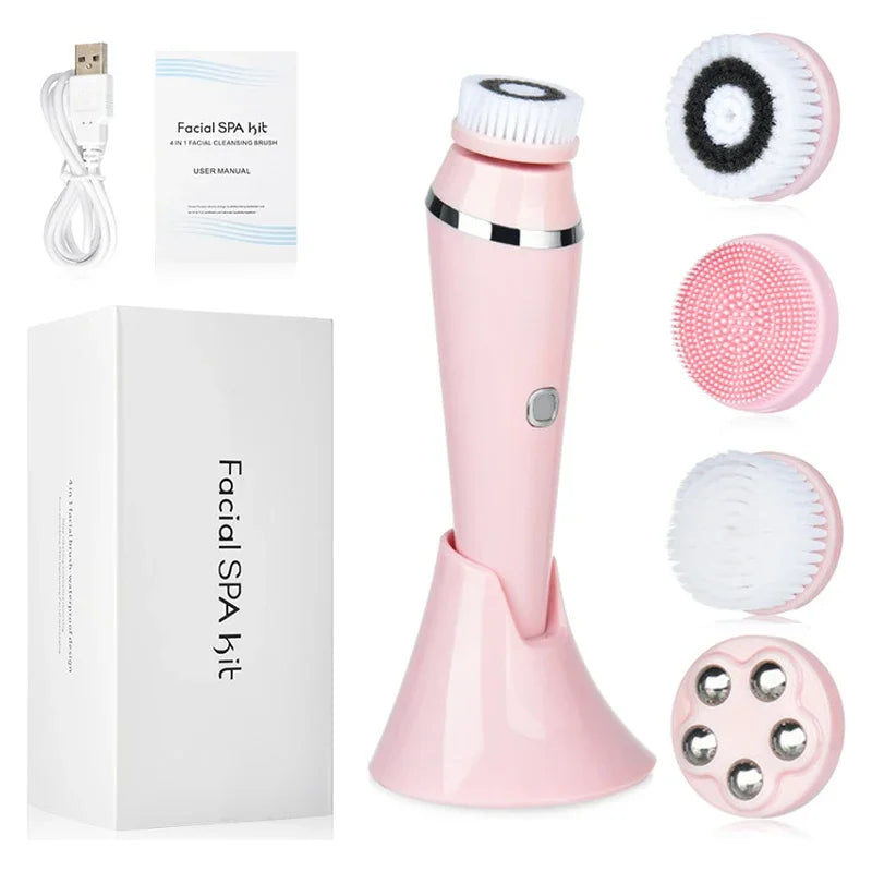 Electric Facial Cleansing Brush with 4 Face Cleaning Device 3 Modes Skincare Brush Heads Waterproof Wireless Facial Cleansing