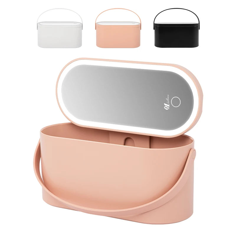 LED Makeup Mirror with Lights Portable Makeup Storage Box Waterproof Cosmetic Organizer Detachable Travel Vanity Mirror