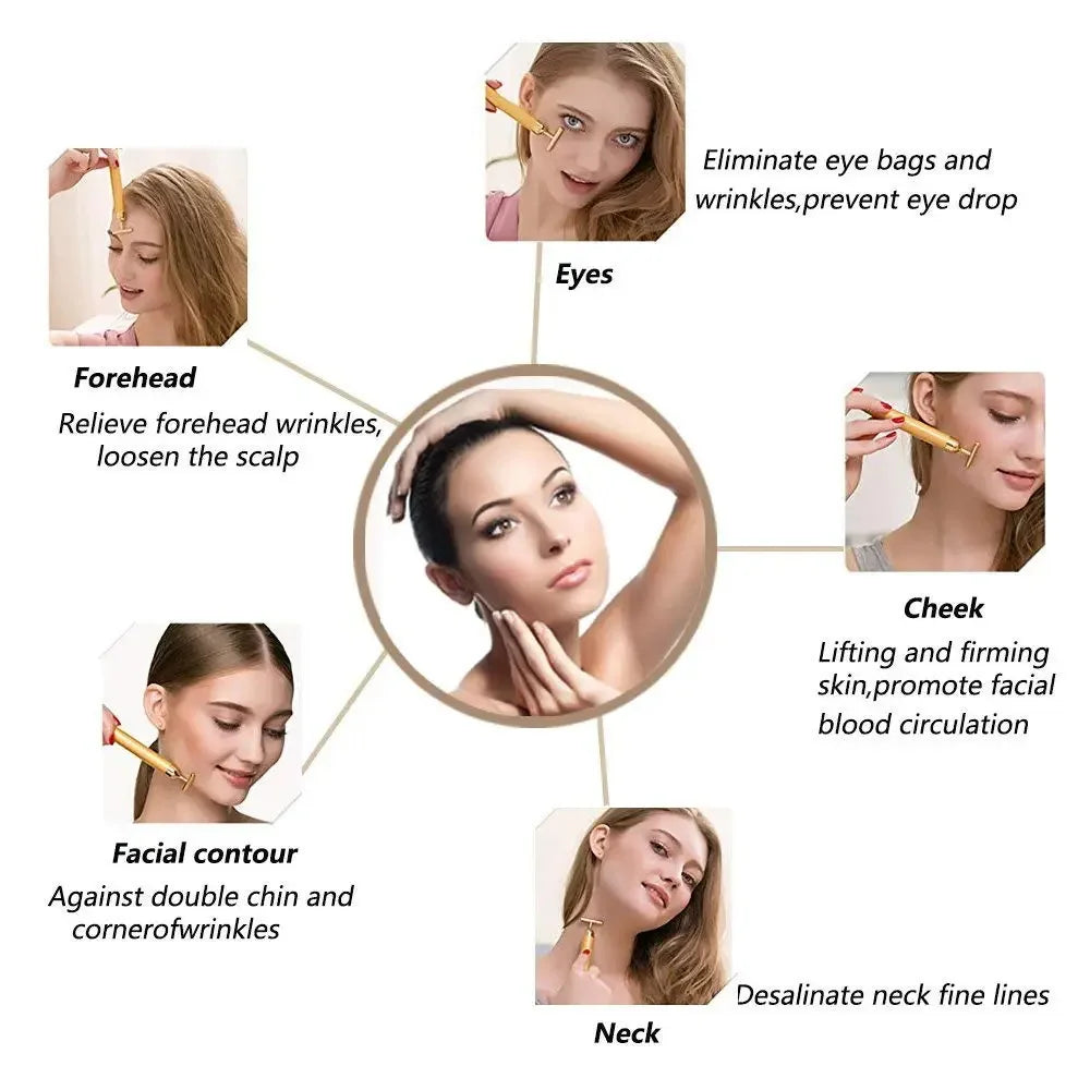 24k Gold Face Lift Bar Roller Vibration Slimming Massager Facial Stick Facial Beauty Skin Care T Shaped Vibrating Tool with Bag