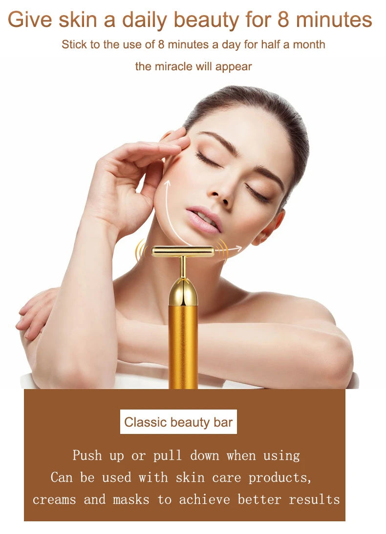 24K Gold Roller Vibrating Facial Massager Slimming Facial Skin Beauty Pulse Firming Face Massage Lift Tightening Wrinkle Bar