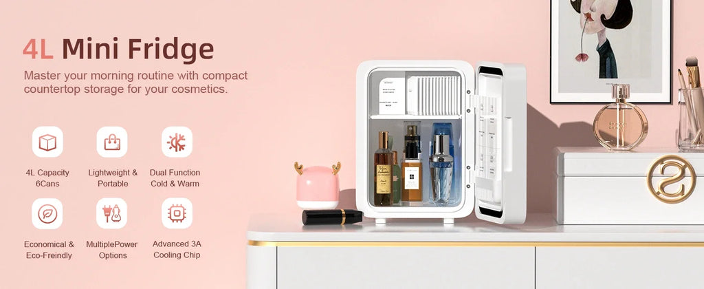 Skincare Fridge with Dimmable LED Light Mirror, 4L Makeup Mini Fridge for Bedroom, Car