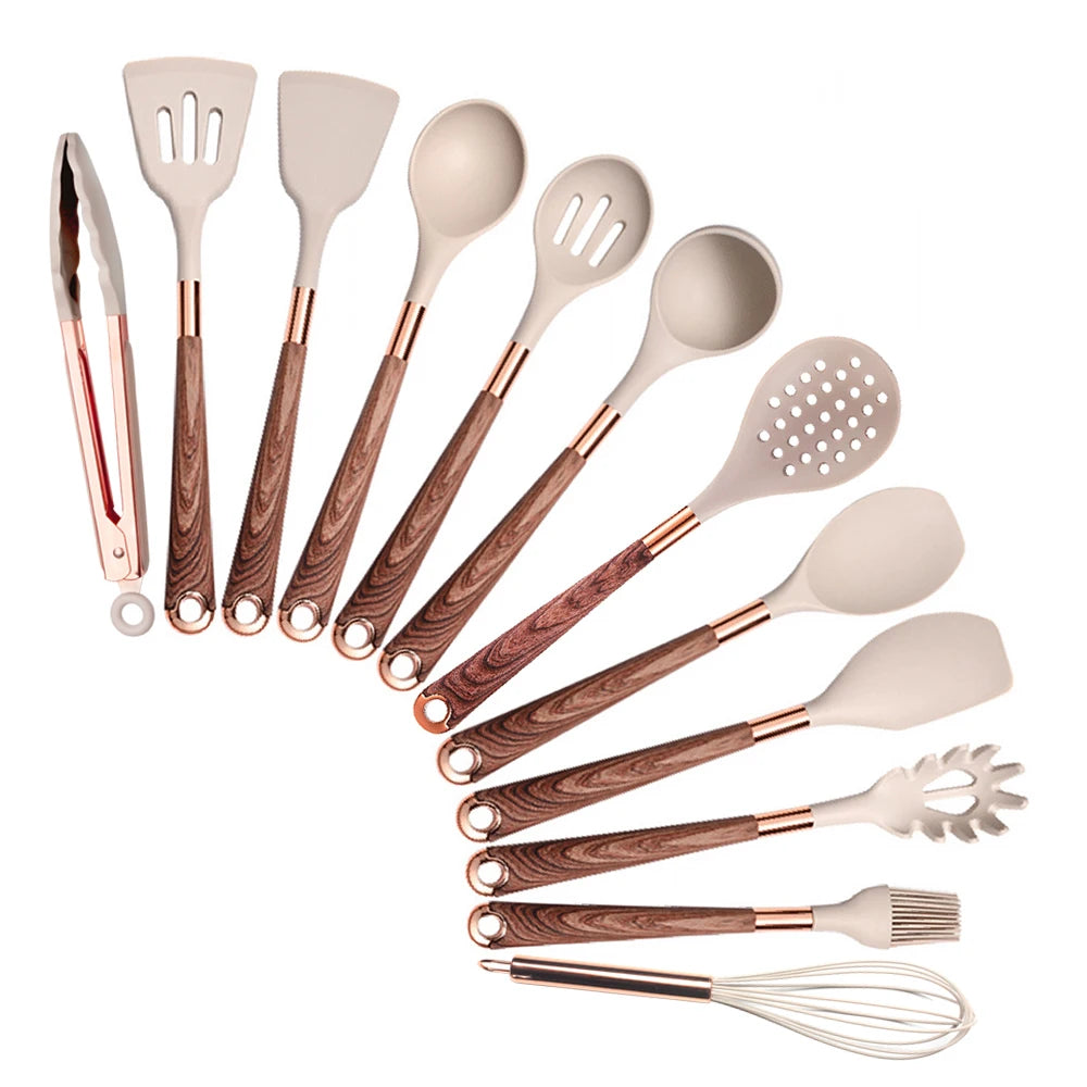 Silicone Cooking Utensils Set Kitchen Heat Resistant Rose Gold-Plated Handle Non-Stick Spatula, Spoon, Quality Gift, 5-13 Pcs