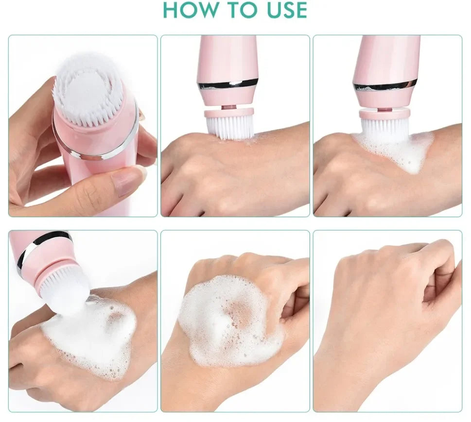 Electric Facial Cleansing Brush with 4 Face Cleaning Device 3 Modes Skincare Brush Heads Waterproof Wireless Facial Cleansing