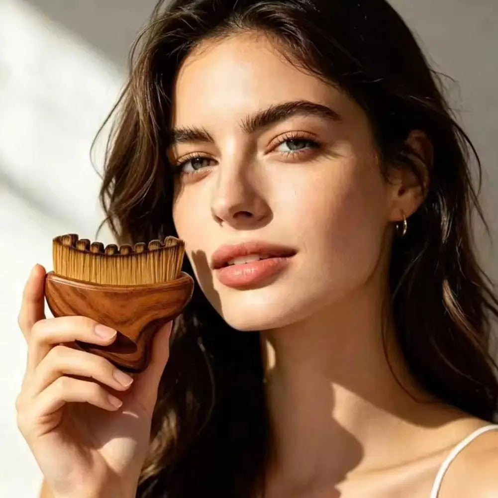 Gua Sha Massage Brush Dual Function with Soft Bristles for Facial Cleansing and Sculpting Wood Grain Handle Compact Travel Size