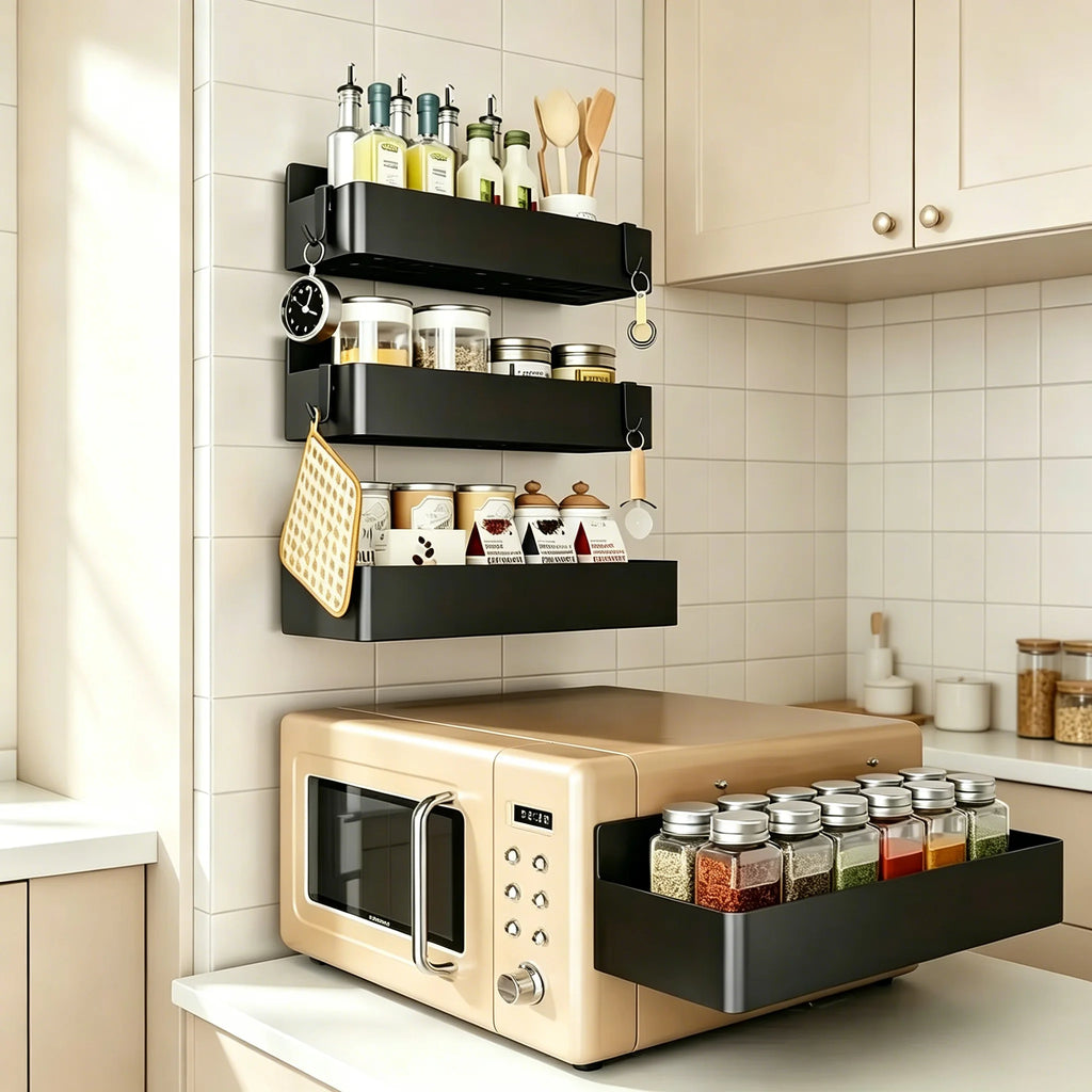 2 Pack Black Magnetic Spice Rack for Refrigerator No Drill Kitchen Fridge Shelf Organizer for Spice Food Black Jar Holder