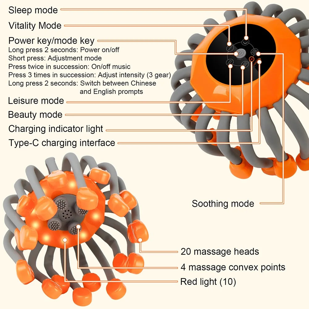 Electric Scalp Massager 24 Heads Octopus Claw Head Massager 24 Point Vibration Massage Scratcher Bluetooth Music Relaxation