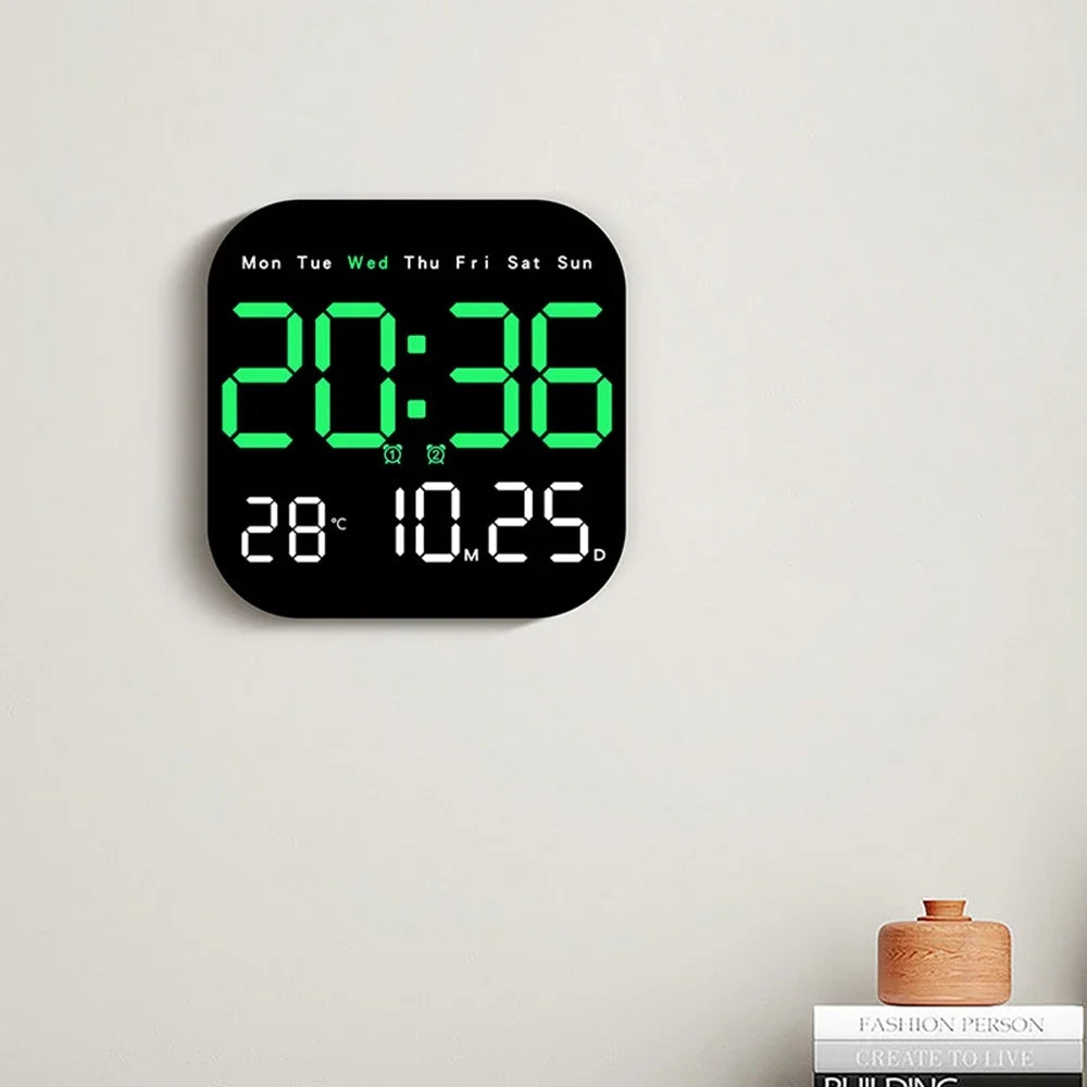 Digital Wall Clock with Remote Control, LED Alarm Clock, Temperature, Date, Week Display, Electronic Table Clock, 12 H, 24H
