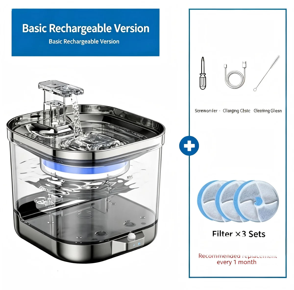 Cat Water Fountain with Auto Filter Transparent Anti-Dry Burning Recirculating Dispenser Includes Pump for Cats