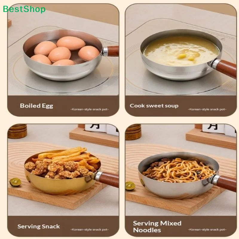 ♥Stainless Steel Cooking Pans with Wooden Handle & Glass Lid - Multi-Purpose Small Pots for Noodles/Eggs