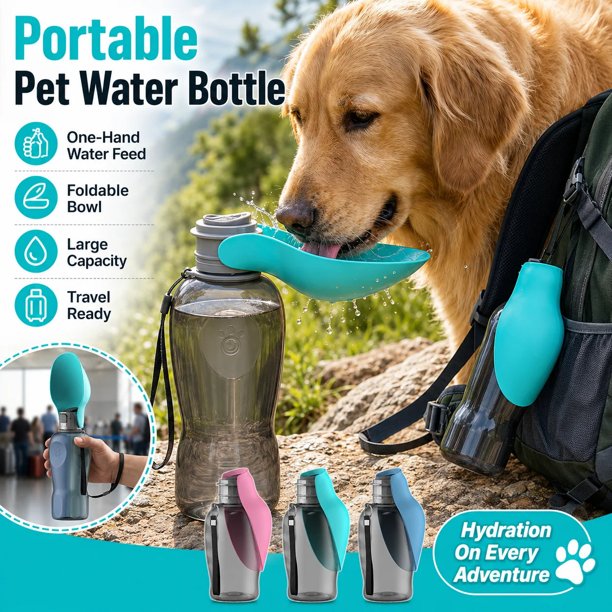 Portable Dog Water Bottle Pet Travel Collapsible Bowl Outdoor Hiking Large Capacity Puppy Kitten Drinking Dispenser Leakproof Bo