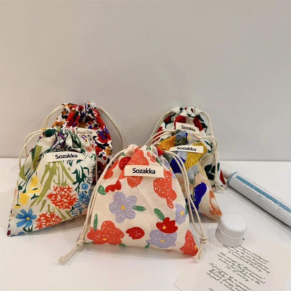 Cute Floral Drawstring Makeup Bag for Women Portable Cosmetic Organizer Pouch Candy Storage