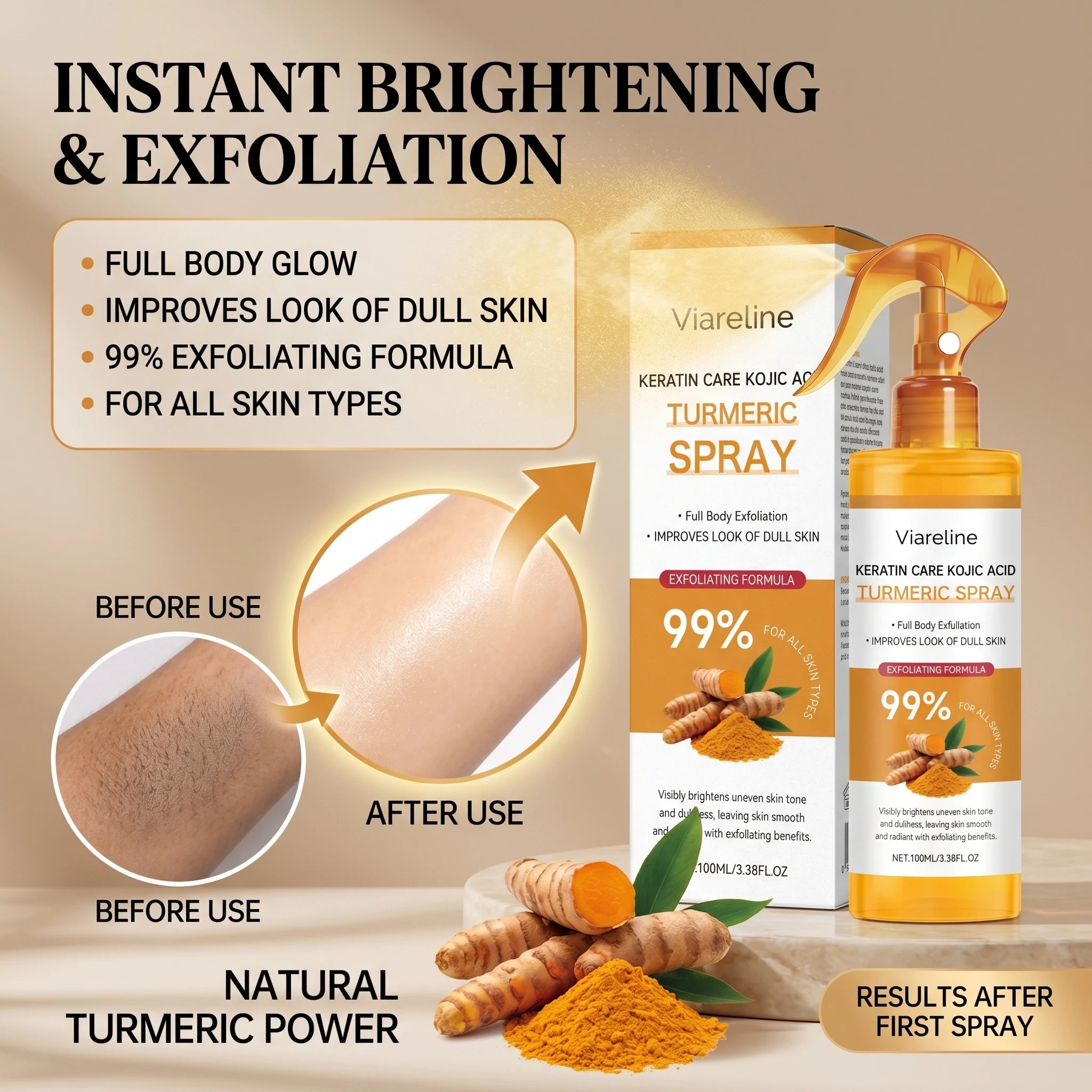 Turmeric Exfoliating Body Spray Gentle Cleansing Smoothing Nourishing Soft Hydrating Mist Dead Skin Remover All Skin Types