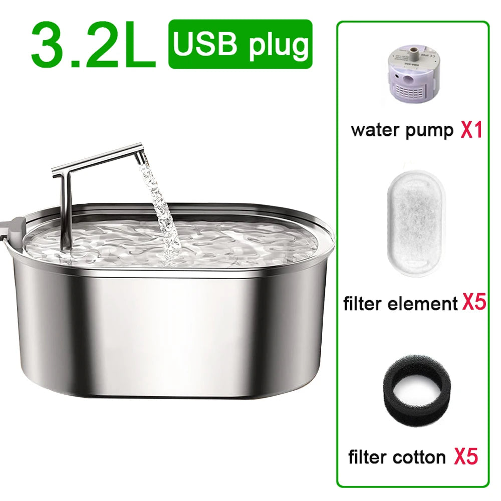 3.2L Stainless Steel Cat Water Fountain Cat Drinker Drinking Fountain For Cats Dogs Pet Water Dispenser Ultra Quiet Water Pump