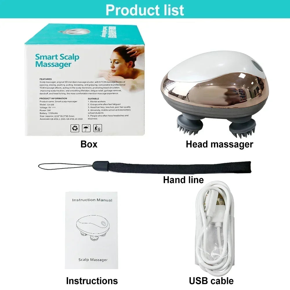 6 Modes Electric Scalp Massager Silicone Kneading Vibration Head Massager with Rechargeable Portable Hair Growth Massage Device