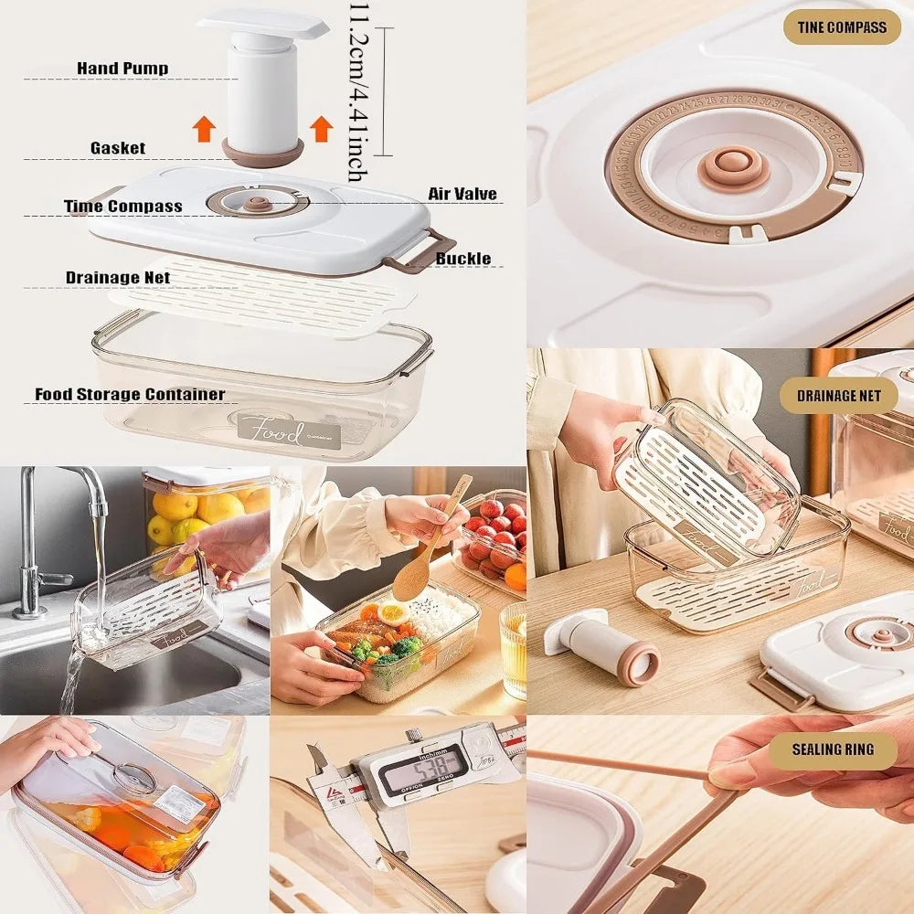 Food Vacuum Storage Box Airtight Container - Reusable Kitchen Storage Box with Drain Net and Vacuum Pump To Keep Food Fresh