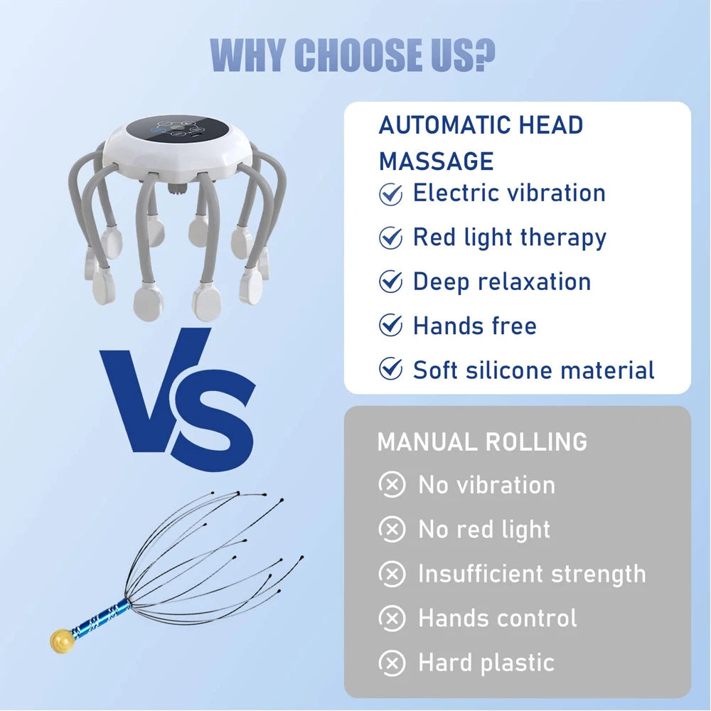 Electric Scalp Massager Head Massager Red Light Vibrator Octopus Head Scratcher For Relaxation Stress Soft Silicone