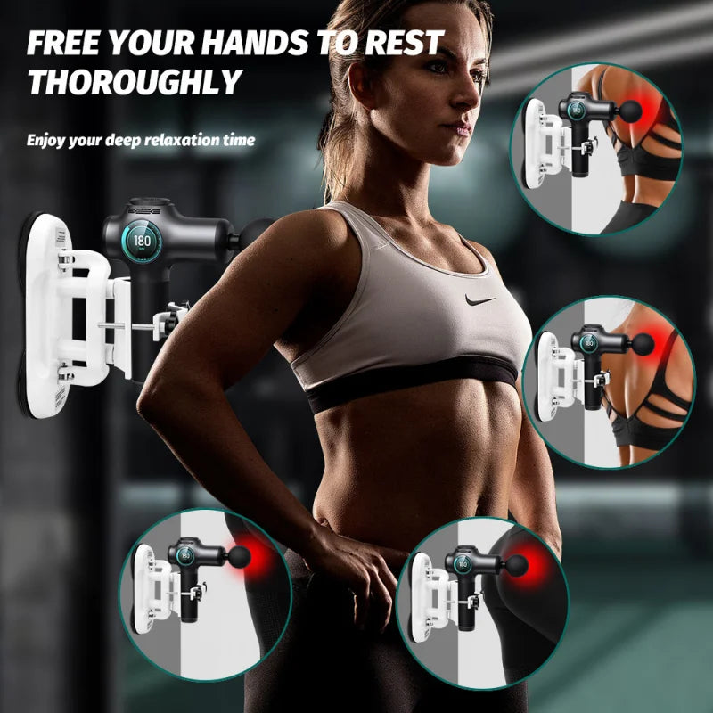 Hands-Free Massage Gun Holder with Double Suction Base, Adjustable Fascia Gun Mount for Muscle Recovery and Fitness Relaxation