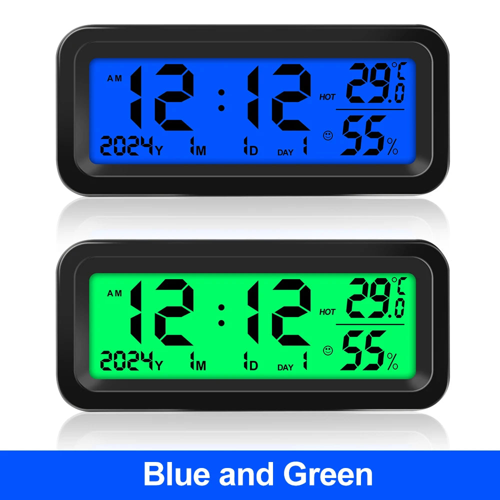 Digital Car Clock Solar/USB Powered with Date Week Temperature Humidity LCD Backlit Display Dashboard Automobile Stick-On Clock