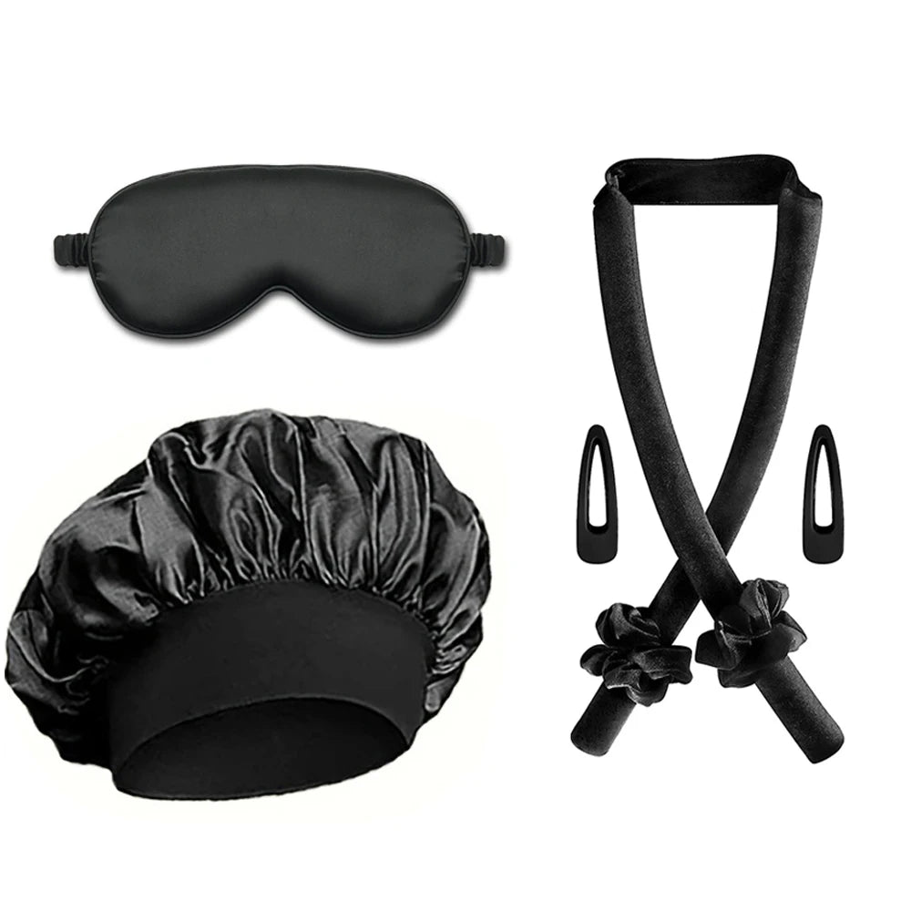 5/6/7pcs Set No Heat Hair Curler Salon Satin Sleeping Sleeping Cap Hat Soft Cooling Eye Mask and Hairpin for Household Travel
