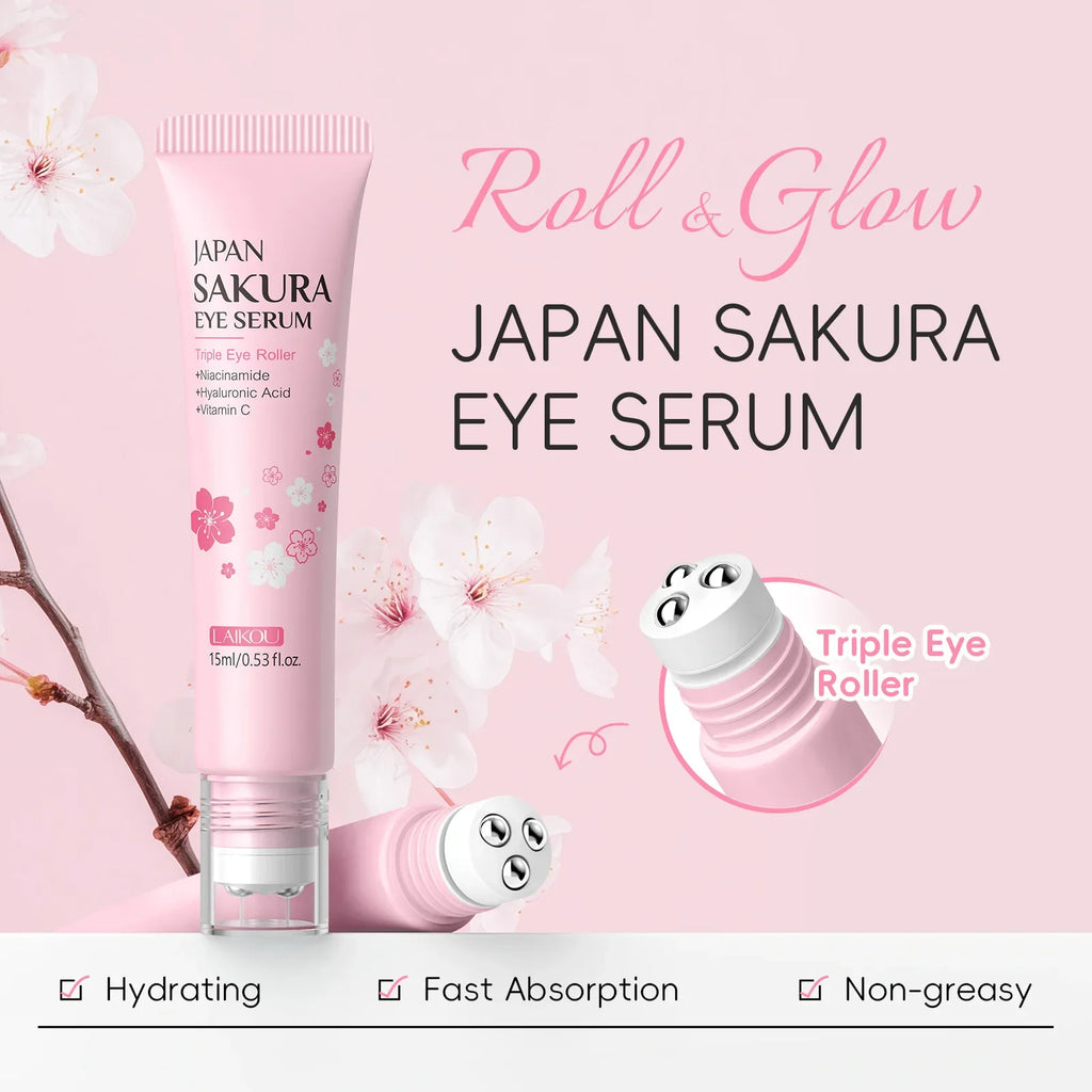  LAIKOU Sakura Eye Serum Roller Massage Anti-Aging,Hydrating & Brightening Eye Dark Circle & Puffiness Reduction Eye Cream 15ml