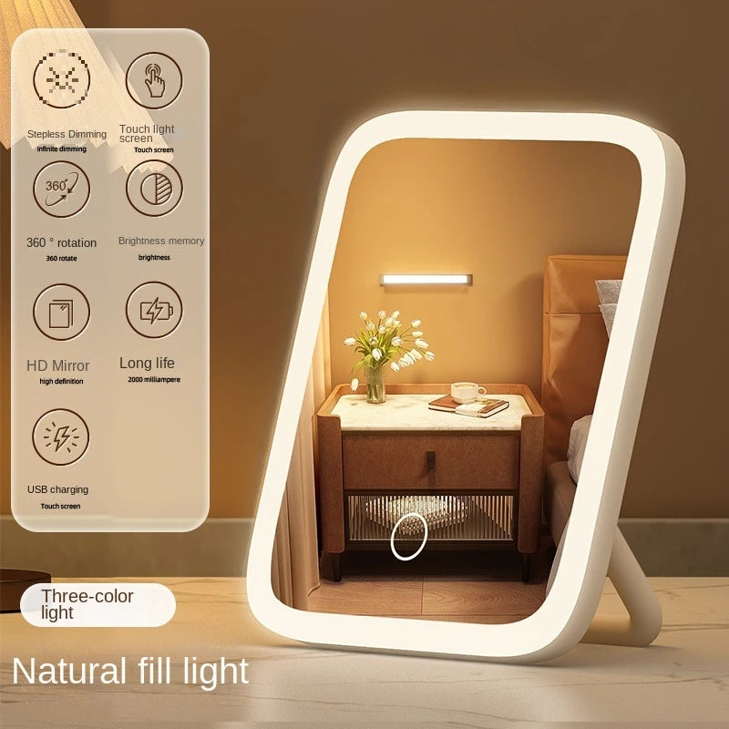 LED Desktop Fill Light Small Mirror, Makeup Mirror With Light,Girls Bedroom Dressing Table Mirror,3 Color Lights Vanity Mirror