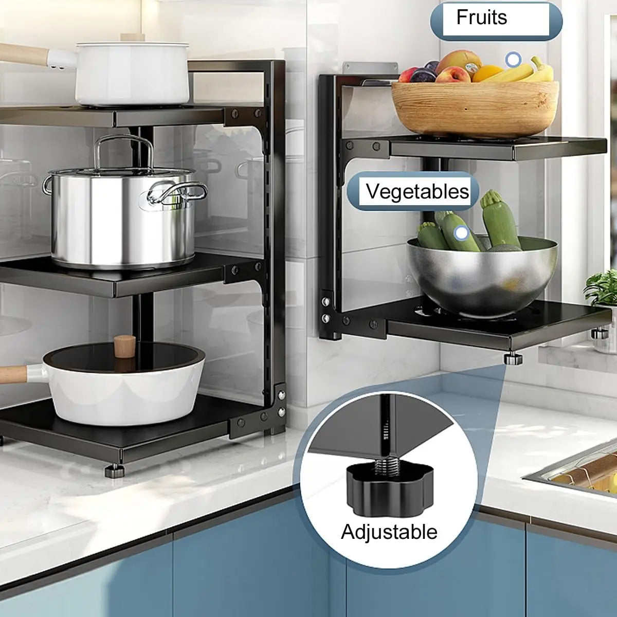 Pots and Pans Organizer for Cabinet Adjustable Rack Under Sink or Floating Shelf Heavy Duty Kitchen Storage Organizers Pot Lid