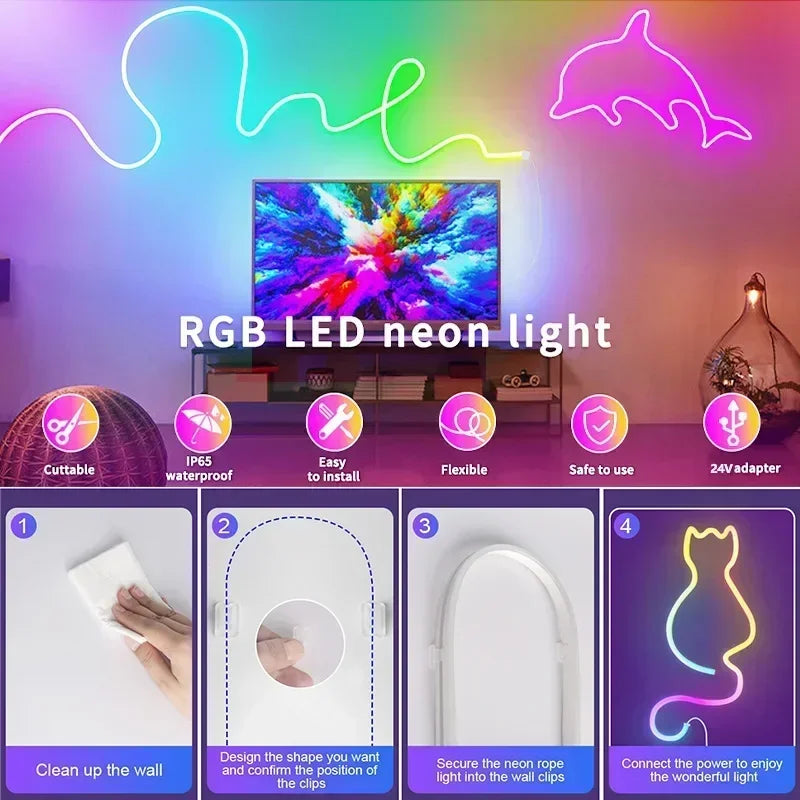 Dc24V RgbIc Led Neon Rope Light 5M 10M 15M 20M Smart Rgb Led Strip App Remote Control Flexible Neon String Lighting Waterproof