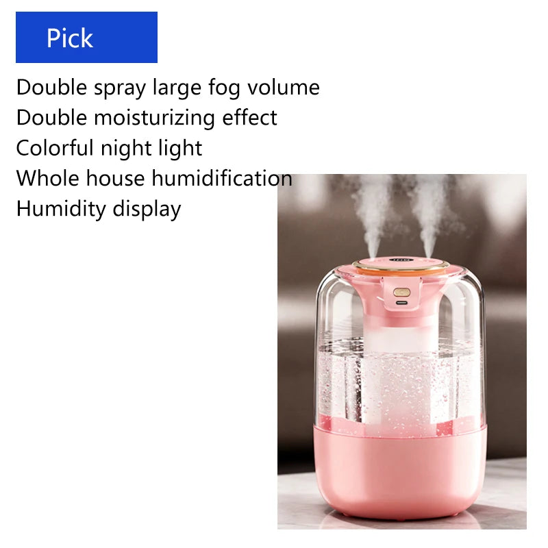 Humidifier with dual spray, large fog output, ambient light, for home, bedroom, dormitory, constant humidity, USB connection
