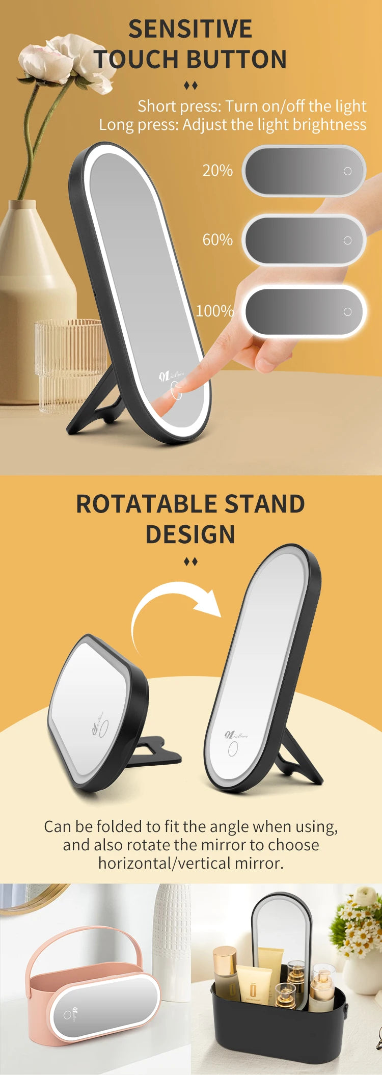 LED Makeup Mirror with Lights Portable Makeup Storage Box Waterproof Cosmetic Organizer Detachable Travel Vanity Mirror