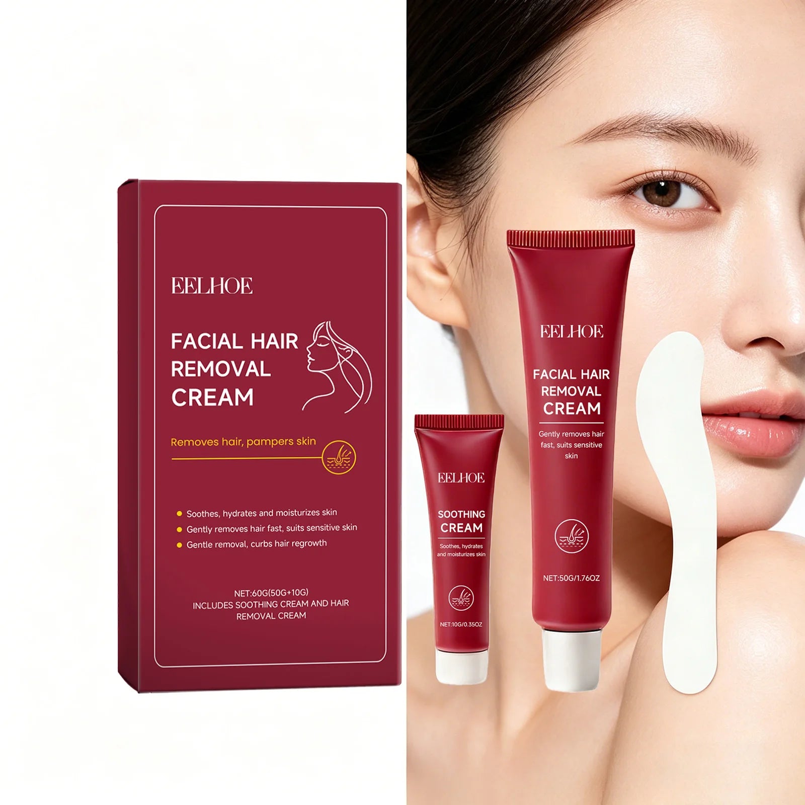Facial Hair Removal Cream Painless Gentle Hair Remover for Face Non-Irritating Nourishing Formula Smoothing Skin Care Depilatory