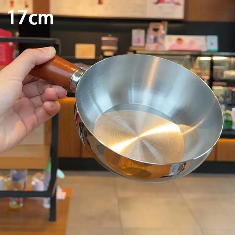 【A】17cm/14cm Stainless Steel Cooking Pans With Wooden Handle & Glass Lid - Multi-Purpose Small Pots For Noodles And Eggs