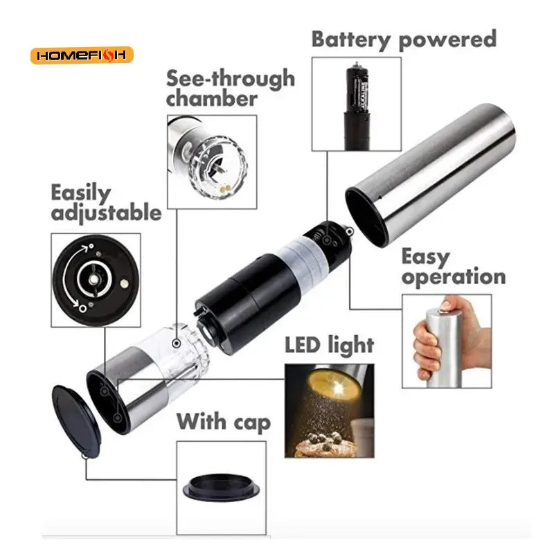 Electric Salt Pepper Grinder Set One Handed Operation Stainless Steel Spice Mill With Light Automatic Pepper Grinde for Kitchen