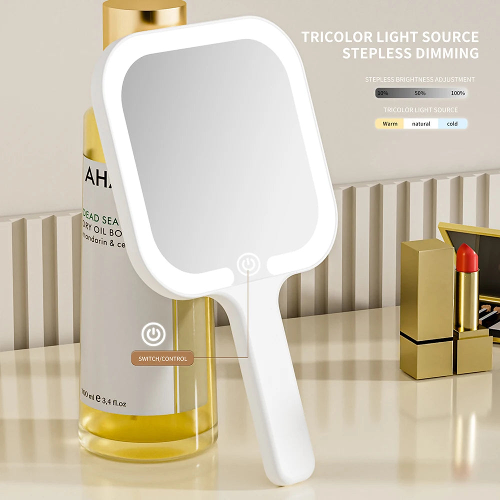 LED Smart Makeup Mirror Hand-held Carry 3 Colors Adjust Bright with Touch Screen Cosmetic Tabletop Vanty Mirror Travel Home Use