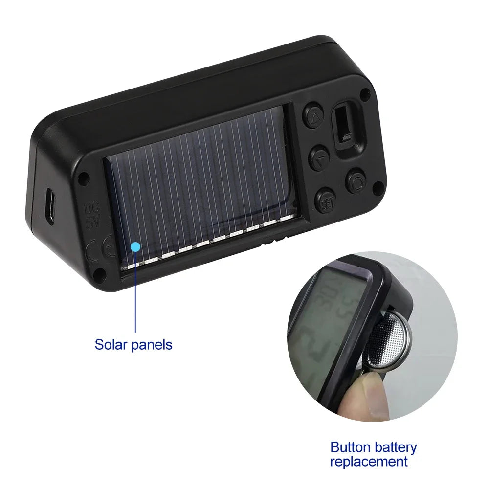 Digital Car Clock Solar/USB Powered with Date Week Temperature Humidity LCD Backlit Display Dashboard Automobile Stick-On Clock
